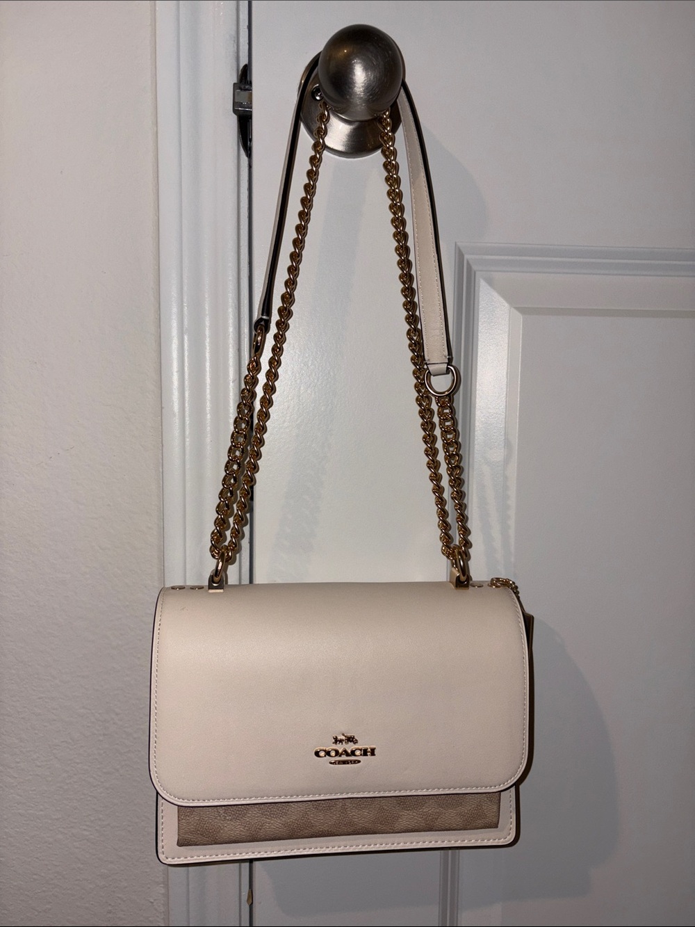 Coach Cream Leather Crossbody with Suede Accent and Gold Chain